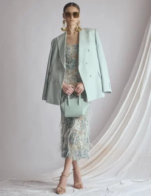 AQUA GREEN GUIPURE GOWN AND LINEN BLAZER