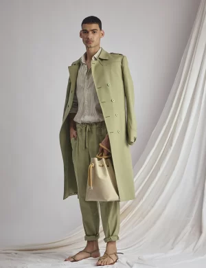 OLIVE TRENCH COAT, TROUSERS, AND SHIRT